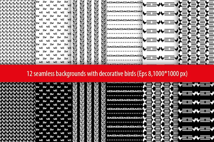 Set of 12 seamless vector backgrounds with decorative birds. example image 1