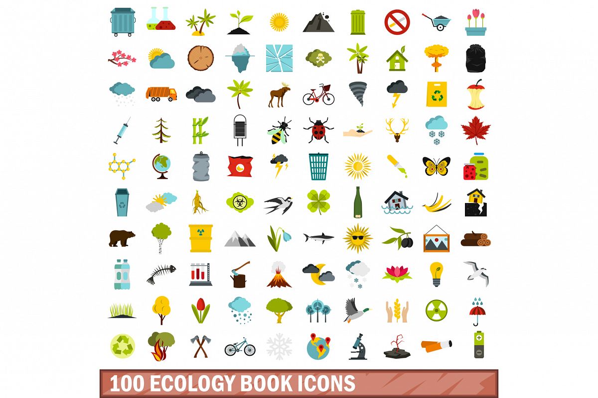 100 ecology book icons set, flat style example image 1