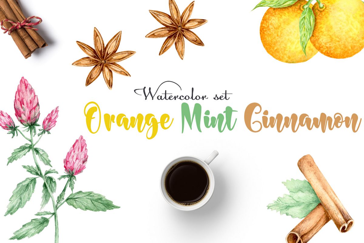 Orange, Mint, Cinnamon. Watercolor example image 1