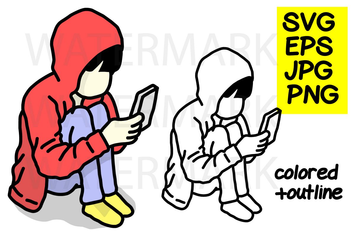 Hoodie Boy and smartphone-color and outline- SVG-EPS-JPG-PN example image 1