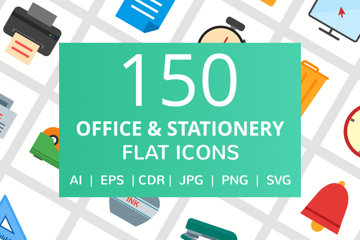150 Office & Stationery Flat Icons example image 1