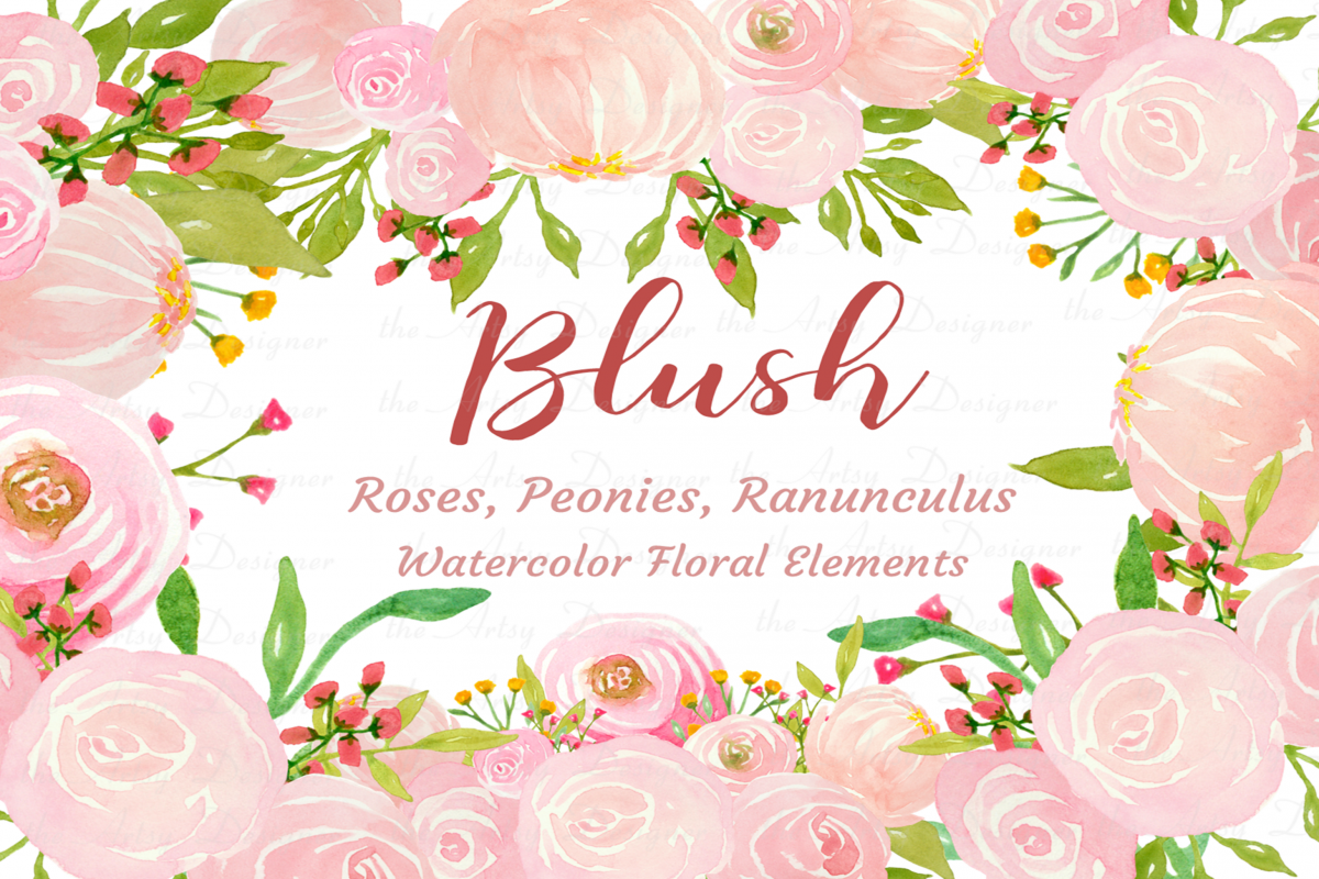 Watercolor Blush Pink Flowers Clipart Bundle Peonies Rose example image 1