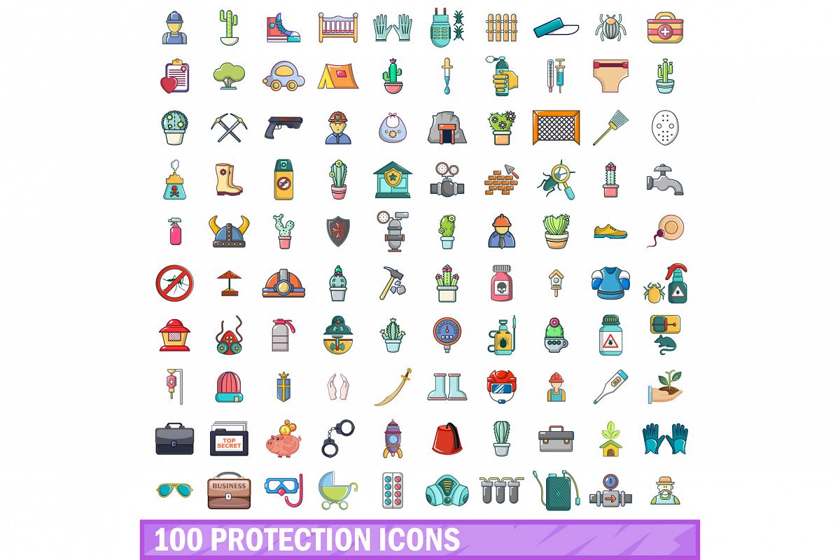 100 protection icons set, cartoon style example image 1