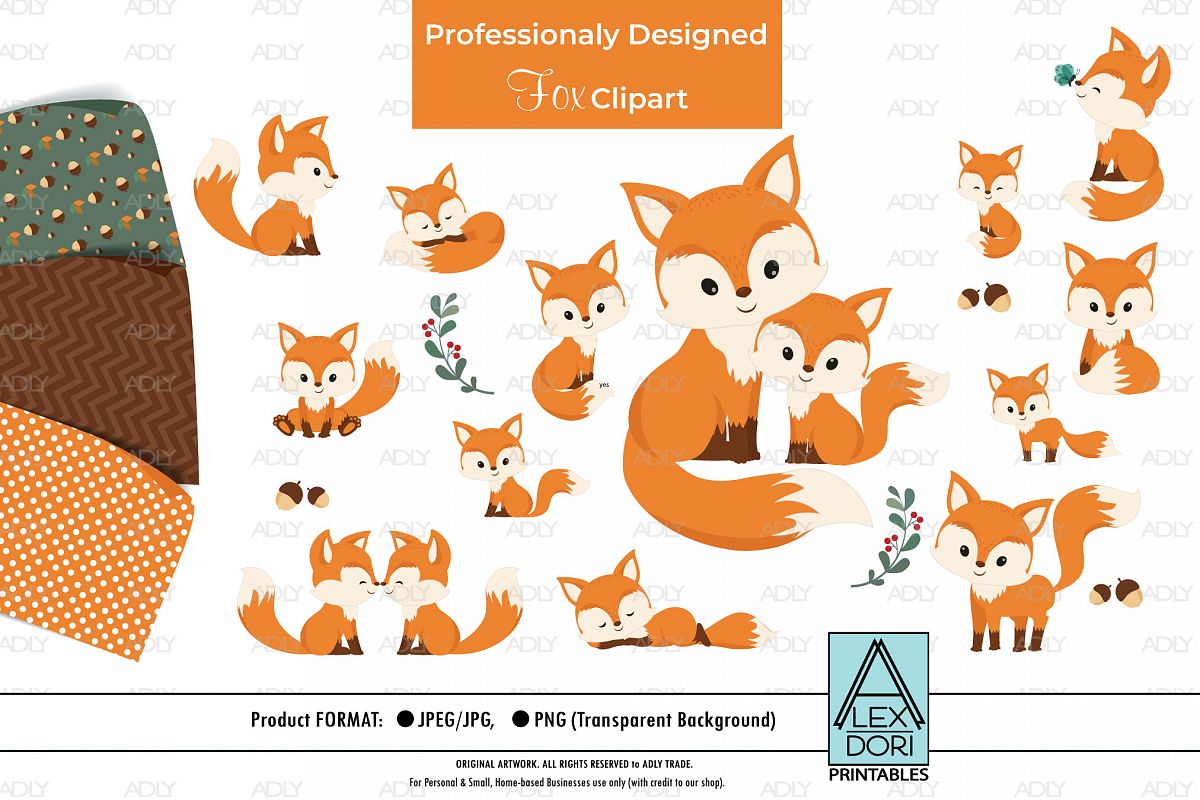 Baby and Baby with Mom Fox Clipart plus Background set 3 example image 1