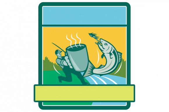 Fly Fisherman Catching Salmon Mug Rectangle Retro example image 1