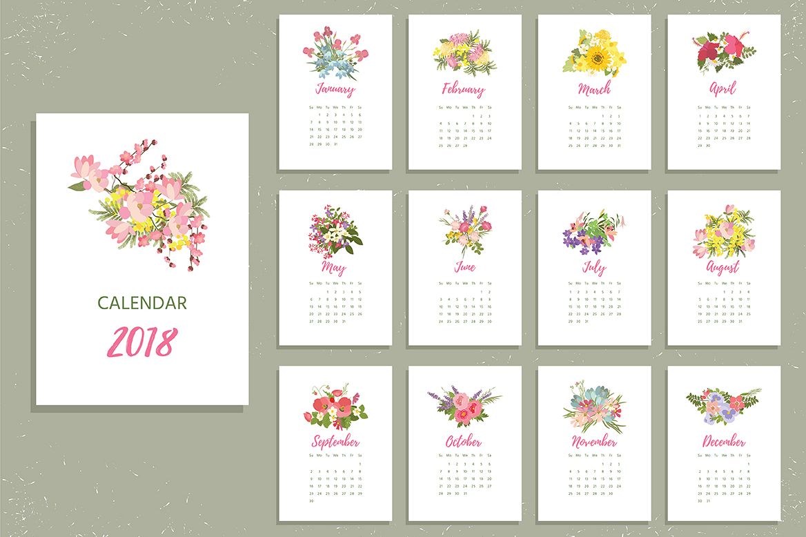 Printable 2018 Calendar with pretty colorful flowers. Vector illustration example image 1