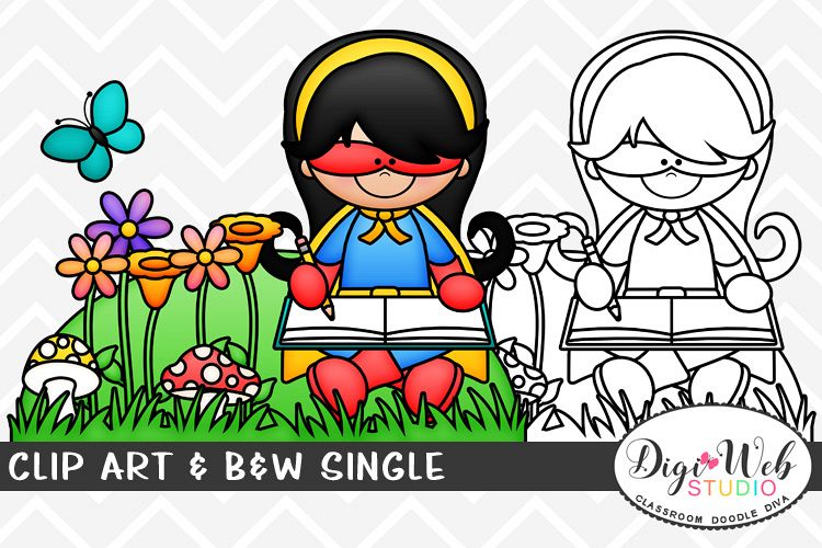 Clip Art & B&W Single-Superhero Girl Sitting Outside Writing example image 1