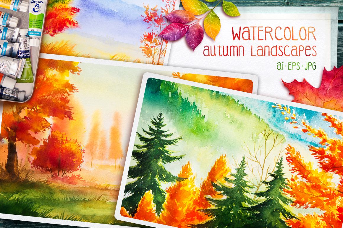 Autumn watercolor landscapes example image 1