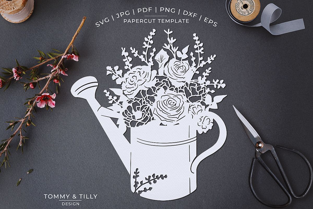 Romantic Floral Watering Can - Papercut Template SVG JPG PNG example image 1