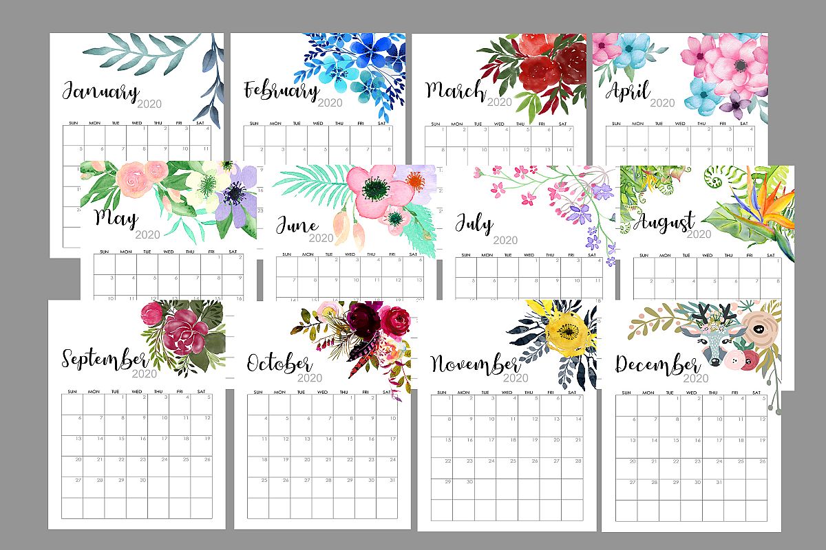 2020 Flowers Calendar Printable, Watercolor Botanical Floral example image 1