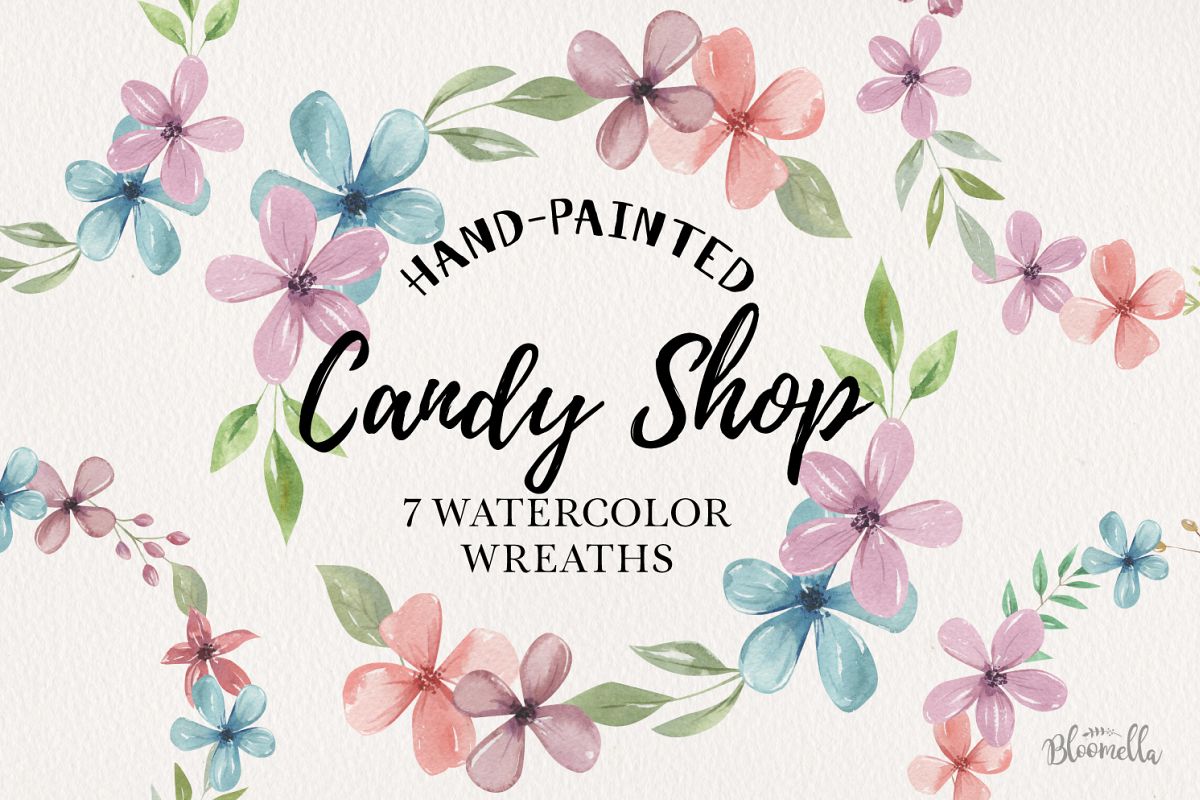 Candy Shop 7 Wreaths Watercolor Flowers Pastels Pink Blue example image 1