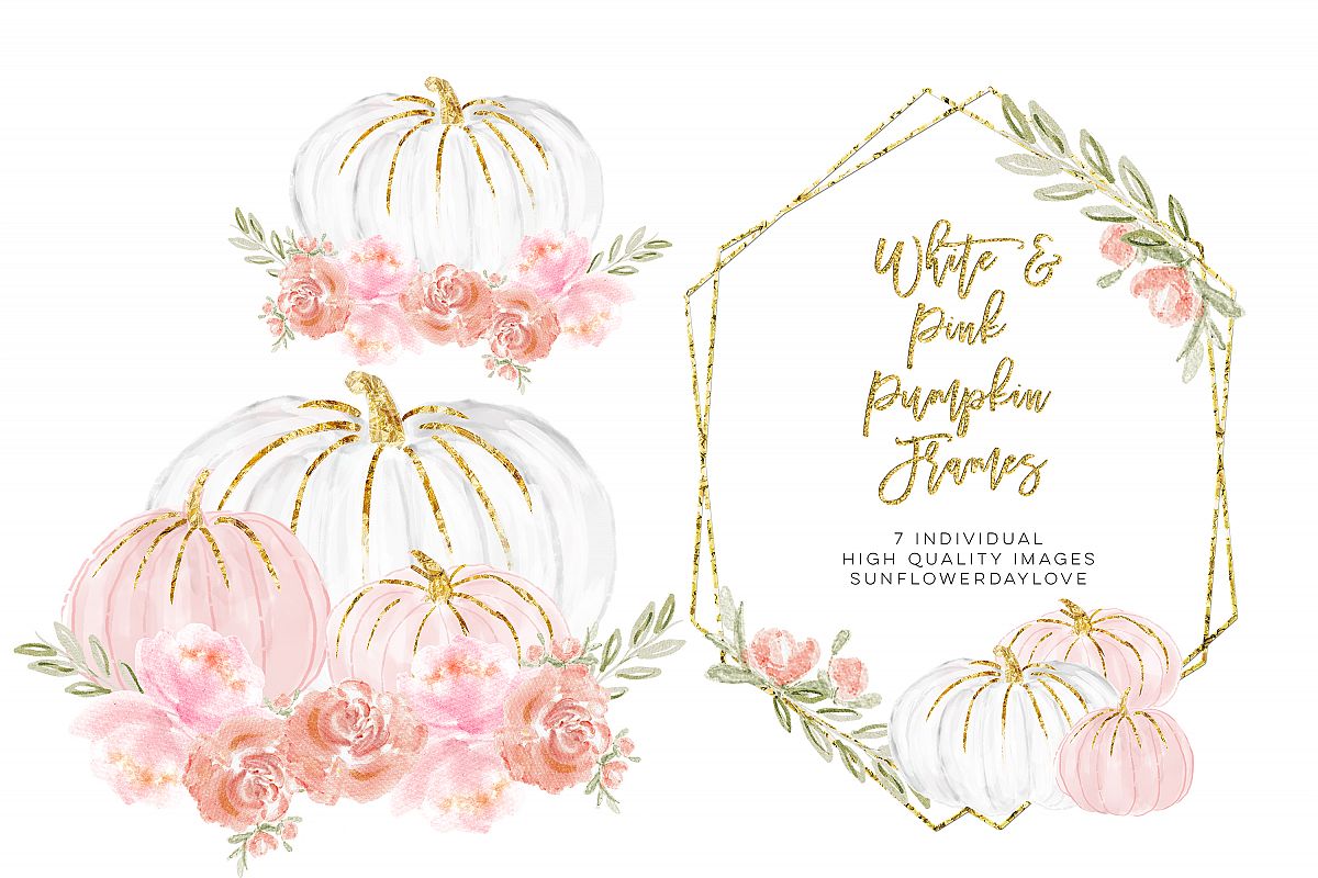 Watercolor Floral Frame Clipart, White and Pink Pumpkins