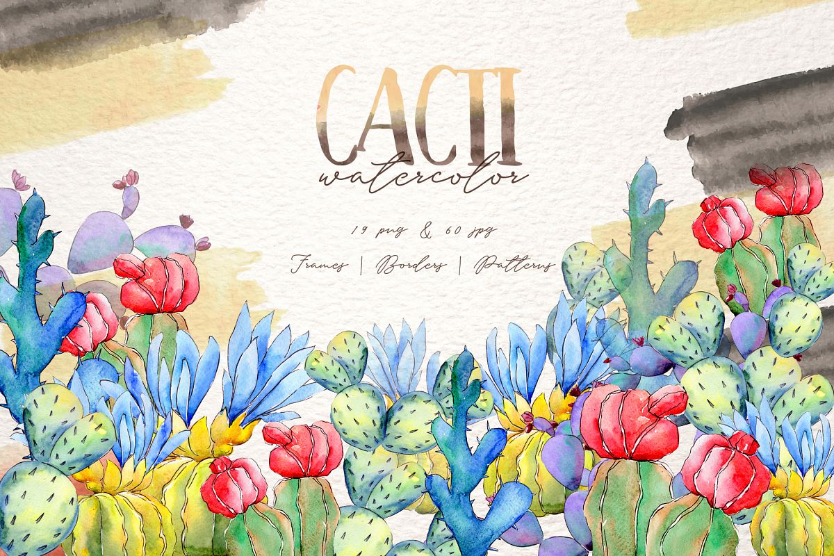 Cool colorful cacti PNG watercolor set example image 1