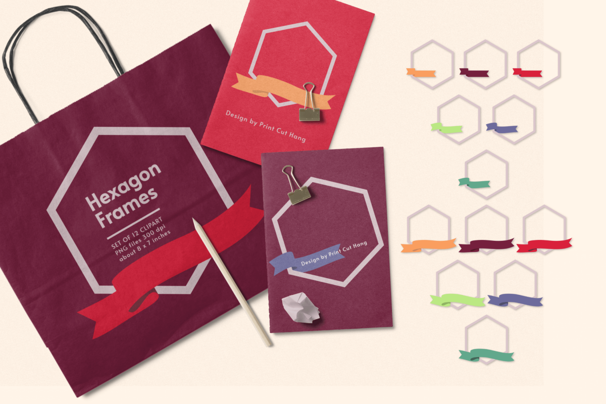 Hexagon Frames with Retro Ribbon Clipart Set of 12 PNG files example image 1