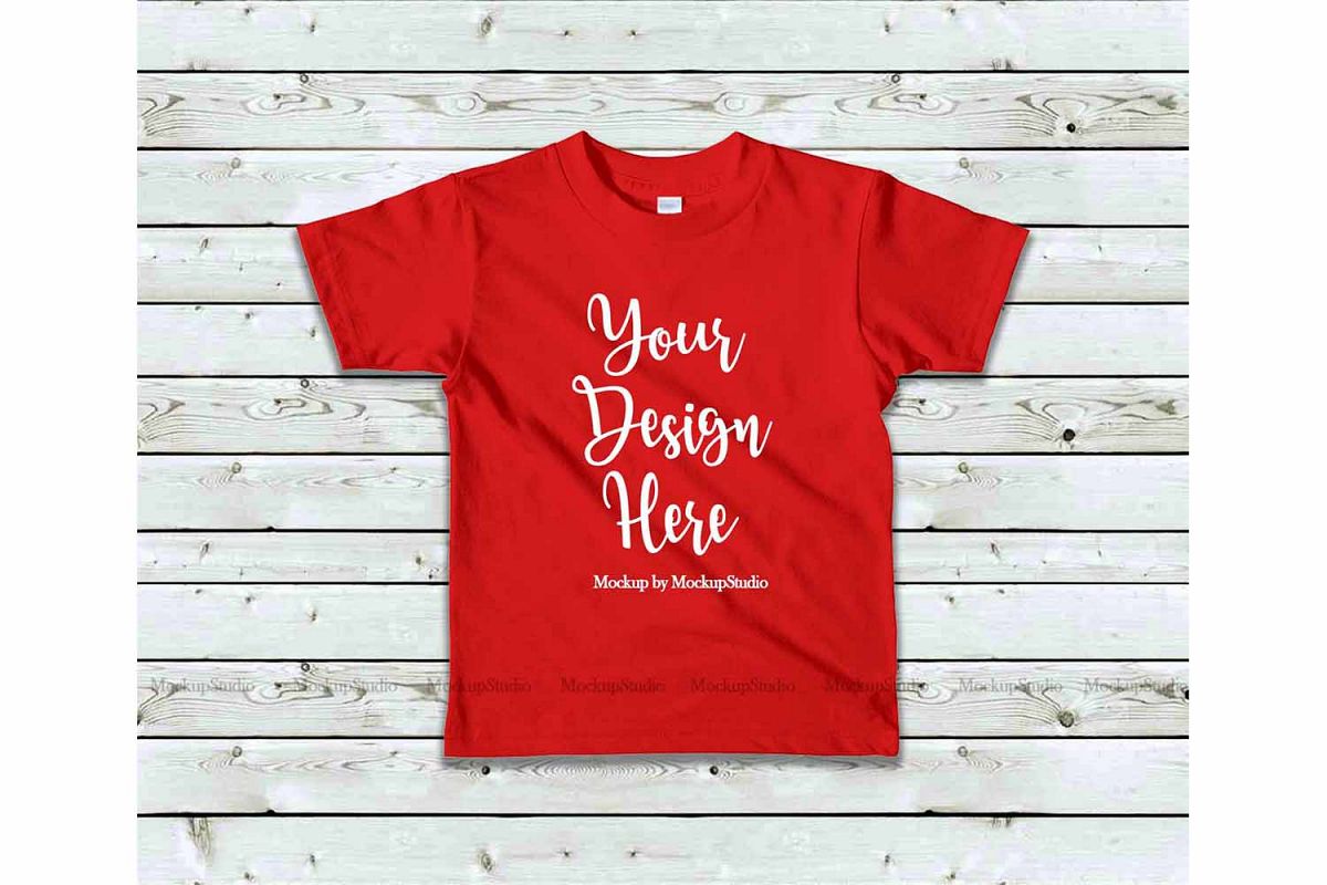 Kids Red Tshirt Mockup, Toddler Shirt Flat Lay Mock example image 1