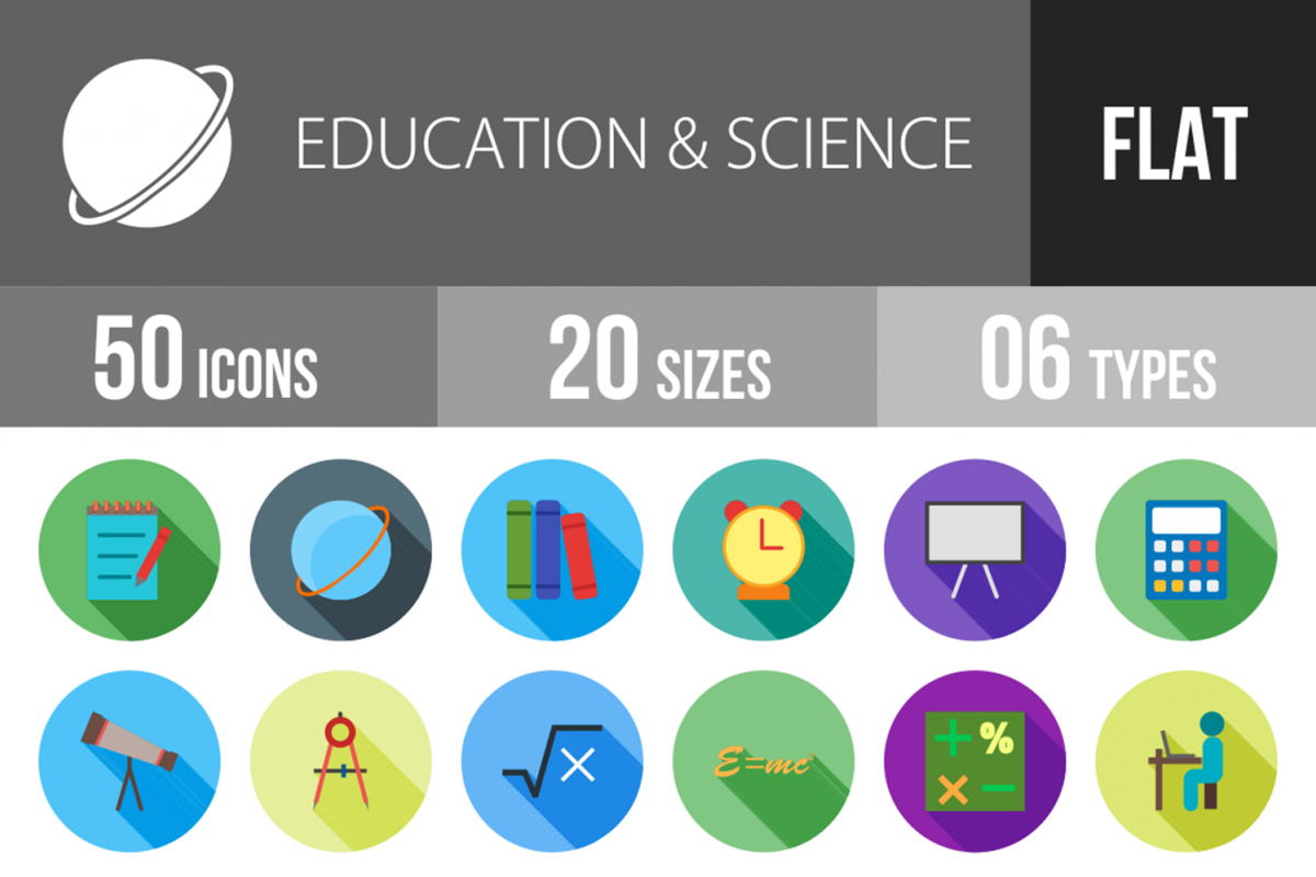 50 Education & Science Flat Long Shadow Icons example image 1