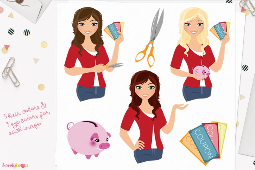 Woman money saver character clip art L123 Brook example image 1