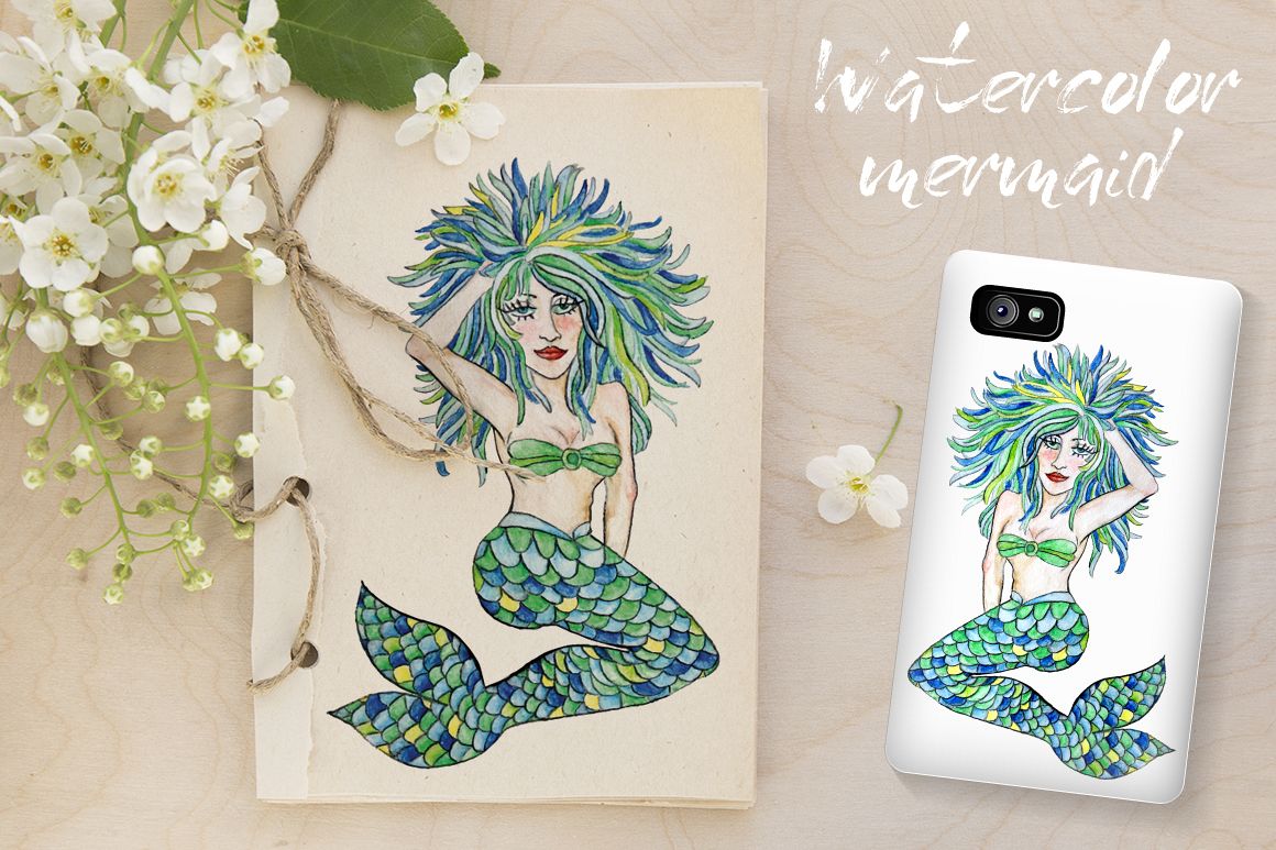 Watercolor mermaid with colorful hair example image 1