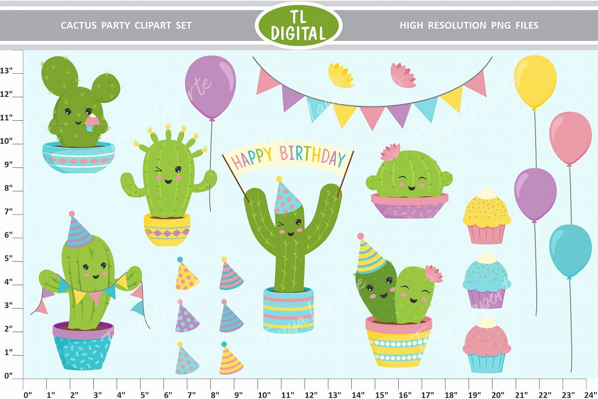Cactus Party Clipart Set - 22 Birthday Graphics - PNG Files example image 1
