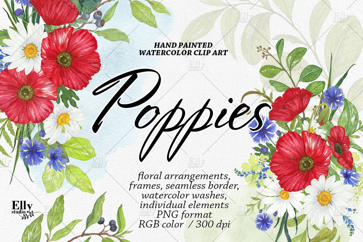 Watercolor Poppies Clipart Summer Flowers example image 1
