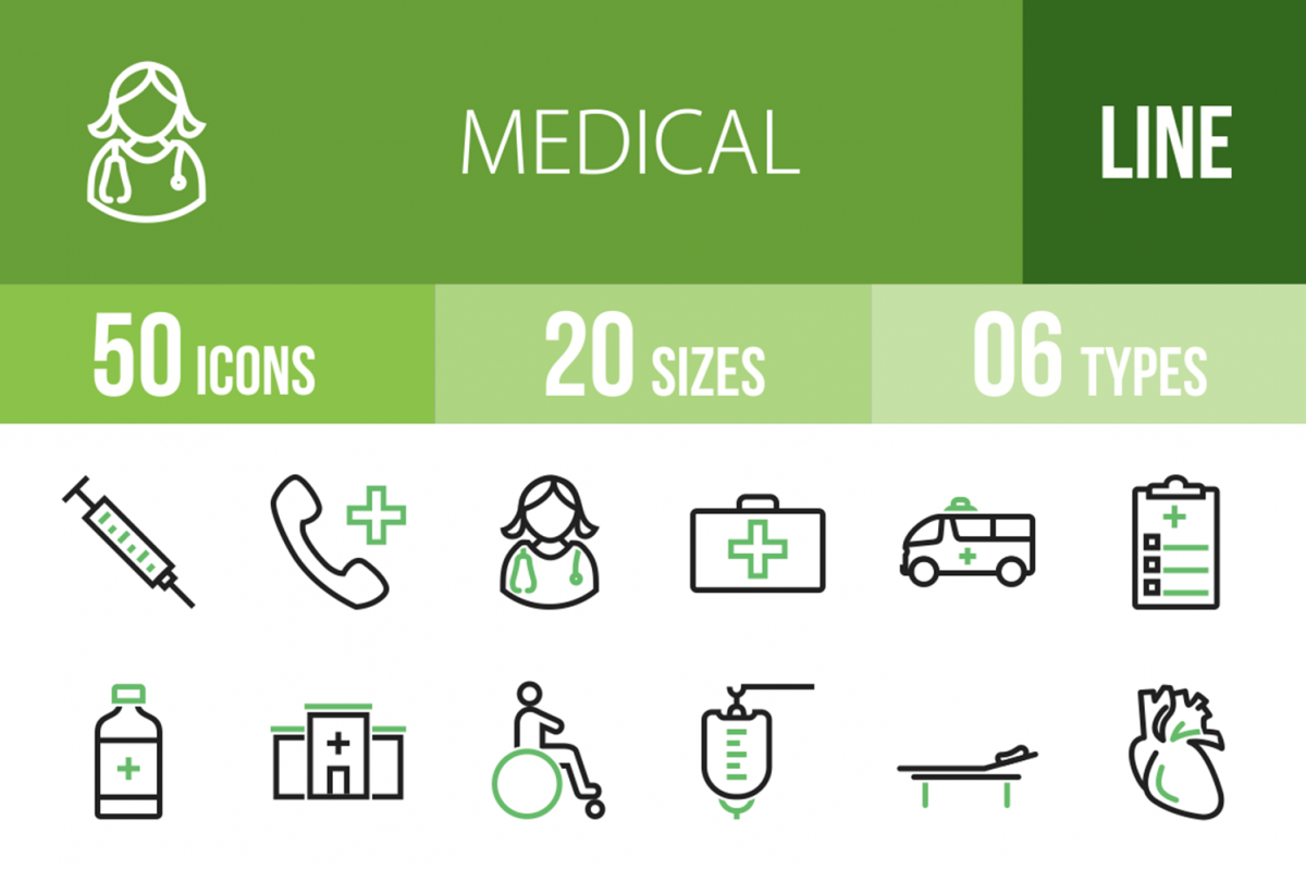 50 Medical Line Green & Black Icons example image 1
