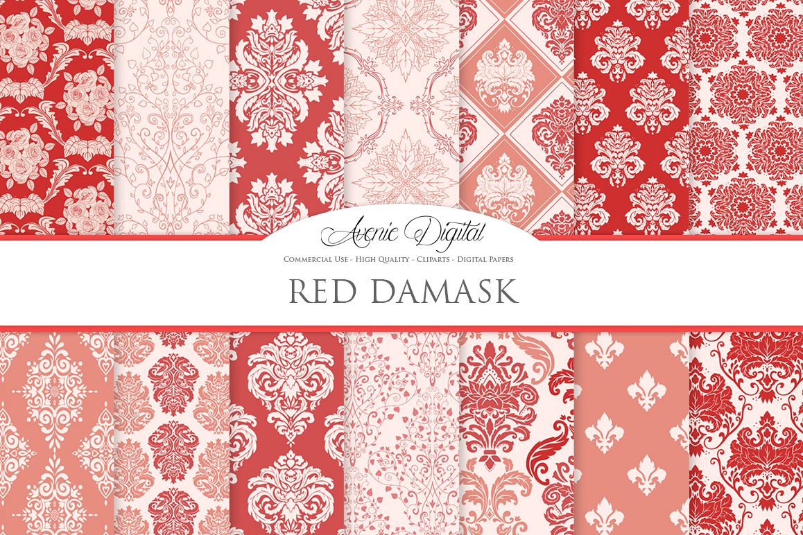28 Red Damask Patterns - Seamless Digital Papers Bundle example image 1