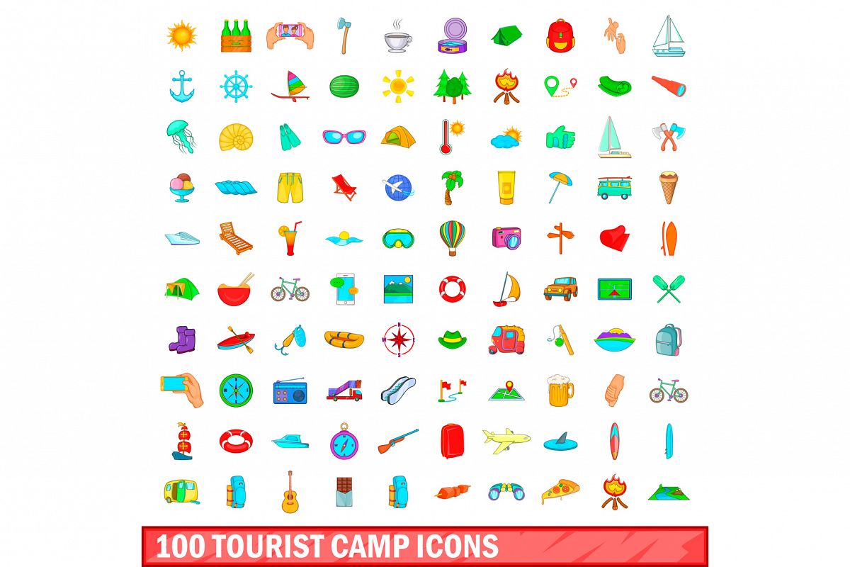 100 tourist camp icons set, cartoon style example image 1