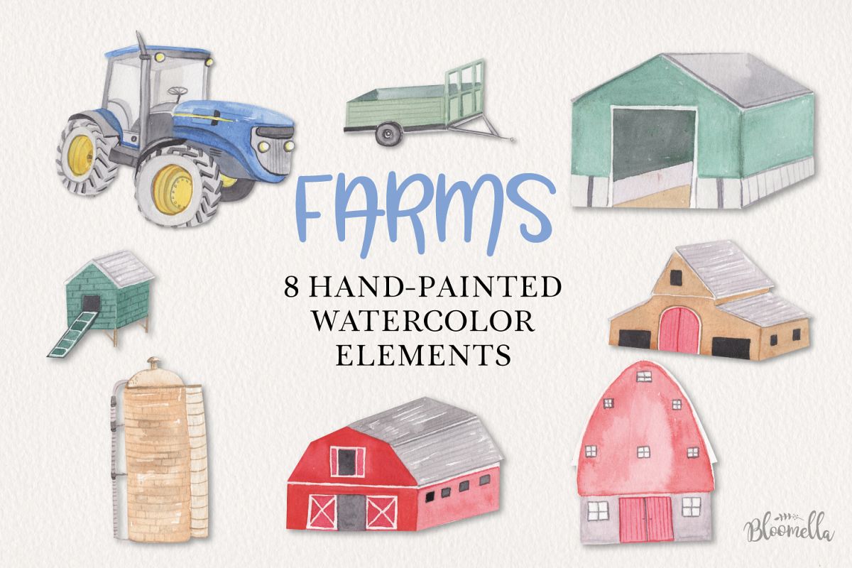 Farms Set 8 Hand Painted Watercolor Tractor Out Buildings example image 1