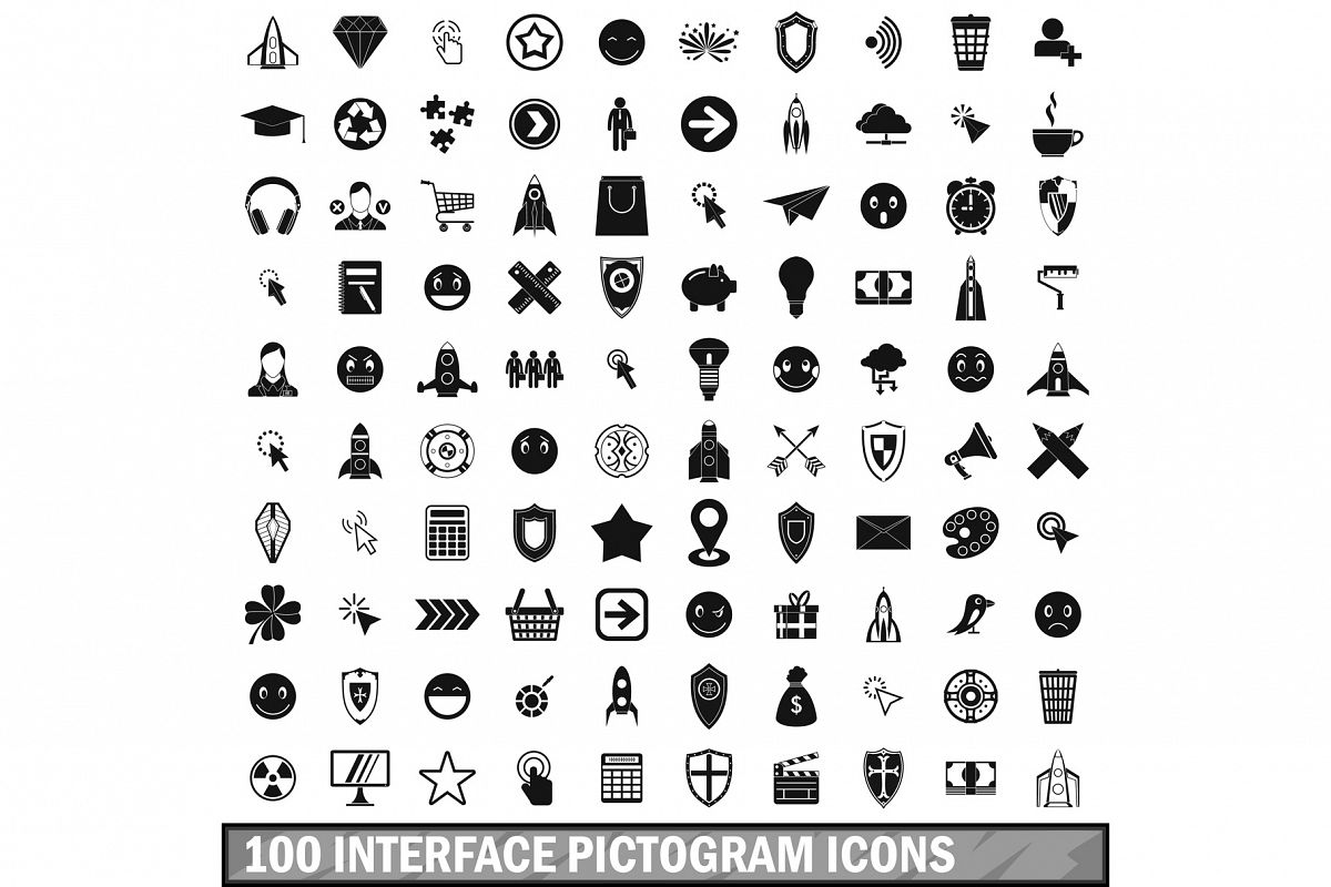 100 interface pictogram icons set, simple style example image 1