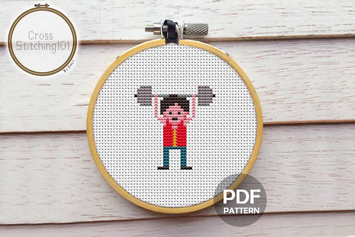 Boy Lifting Weights Cross Stitch Pattern PDF example image 1
