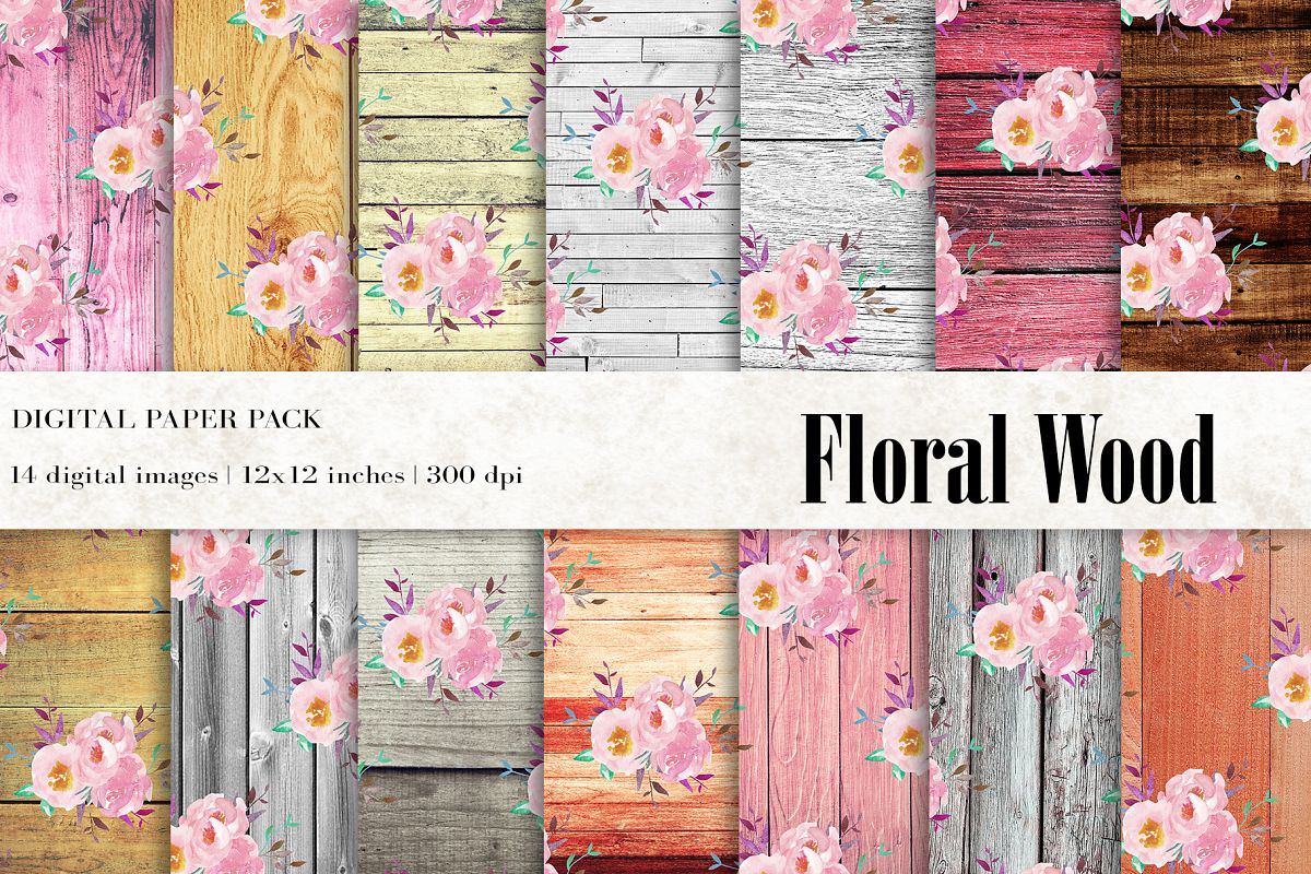 Download Floral wood digital paper, Wood Scrapbook Paper, Rustic Wood