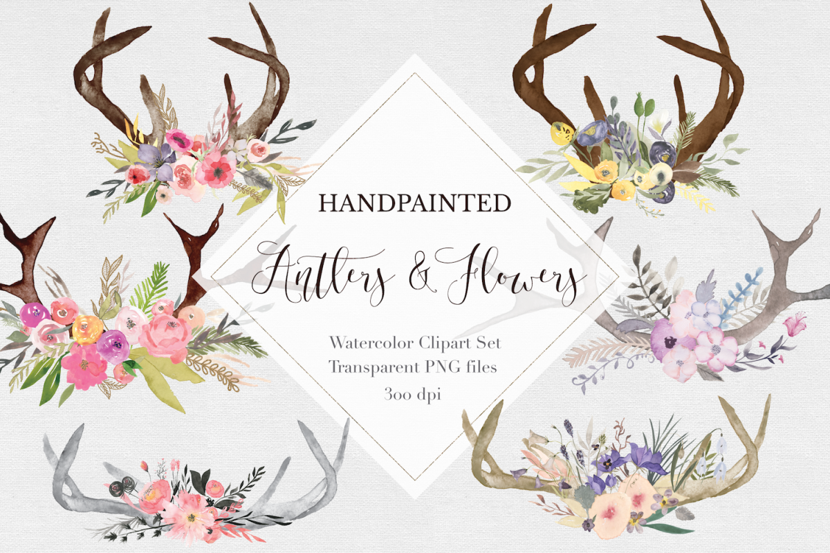 Hand painted Antler Clipart Set example image 1
