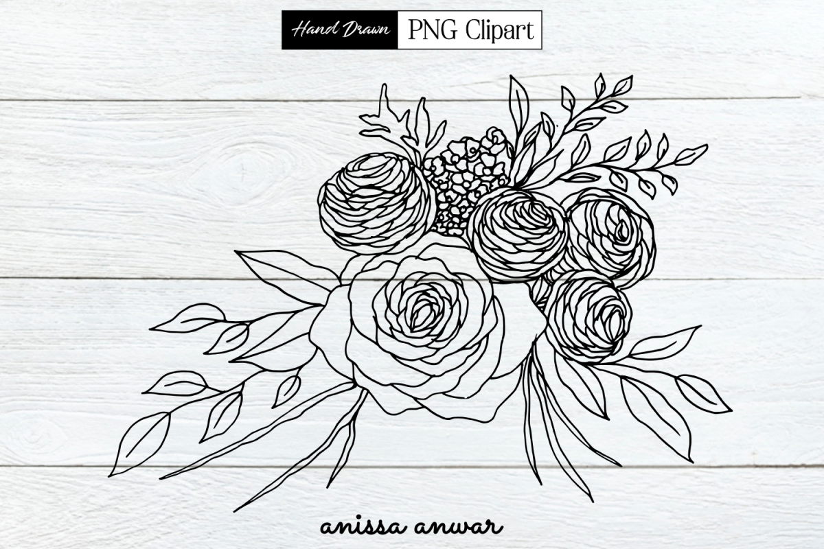 Flowers Bouquet Line Art, Png Clipart, Sublimation Printable example image 1
