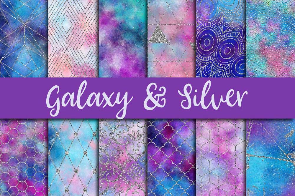 Galaxy & Silver Glitter Digital Paper example image 1