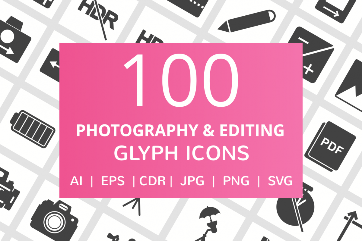 100 Photography & Picture Glyph Icons example image 1