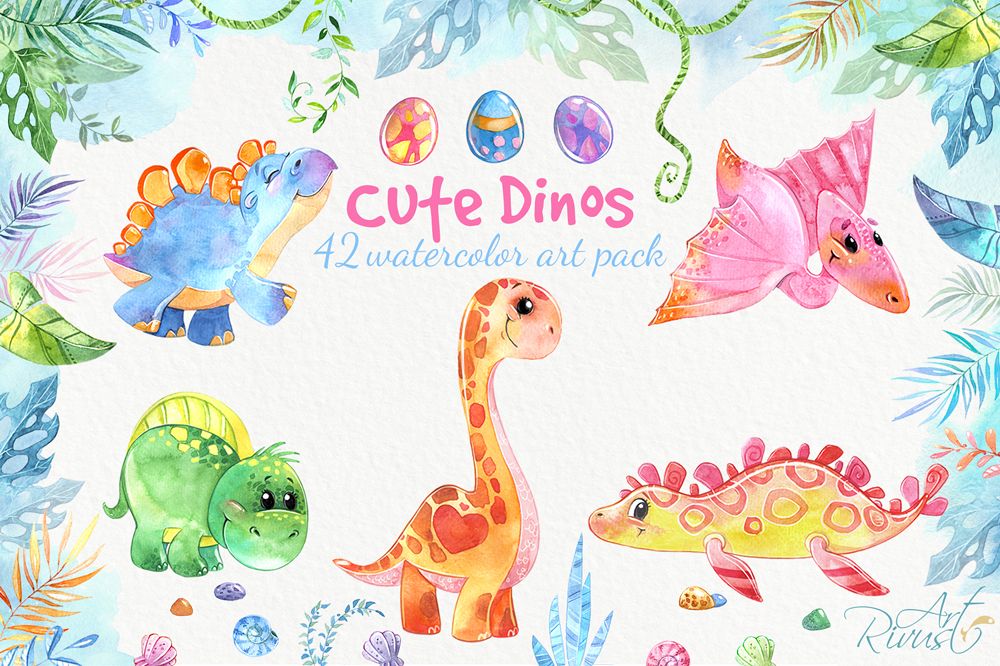 Dinosaurs, cute dino's baby watercolor clipart pack example image 1
