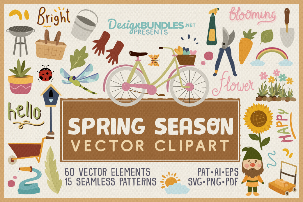 Spring Season Vector Clipart & Seamless Patterns example image 1