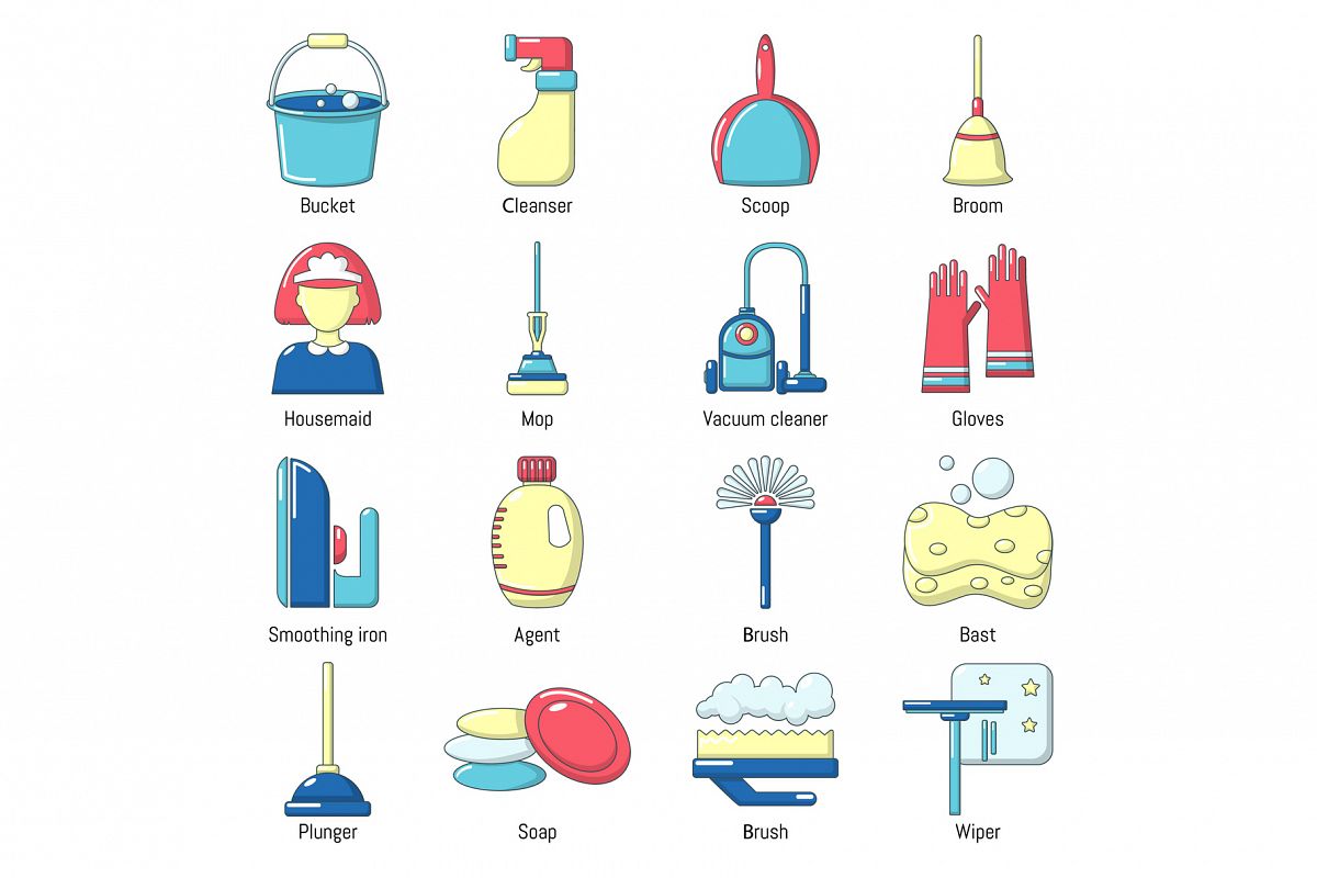 Cleaning tools icons set, cartoon style example image 1