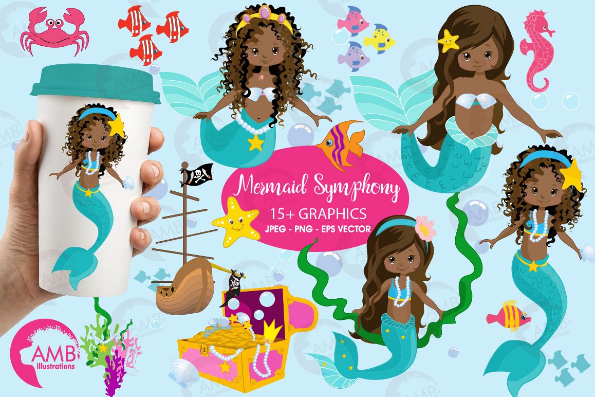 Mermaid Princess clipart, African AMerican Mermaids clipart, graphics, illustrations AMB-1363 example image 1