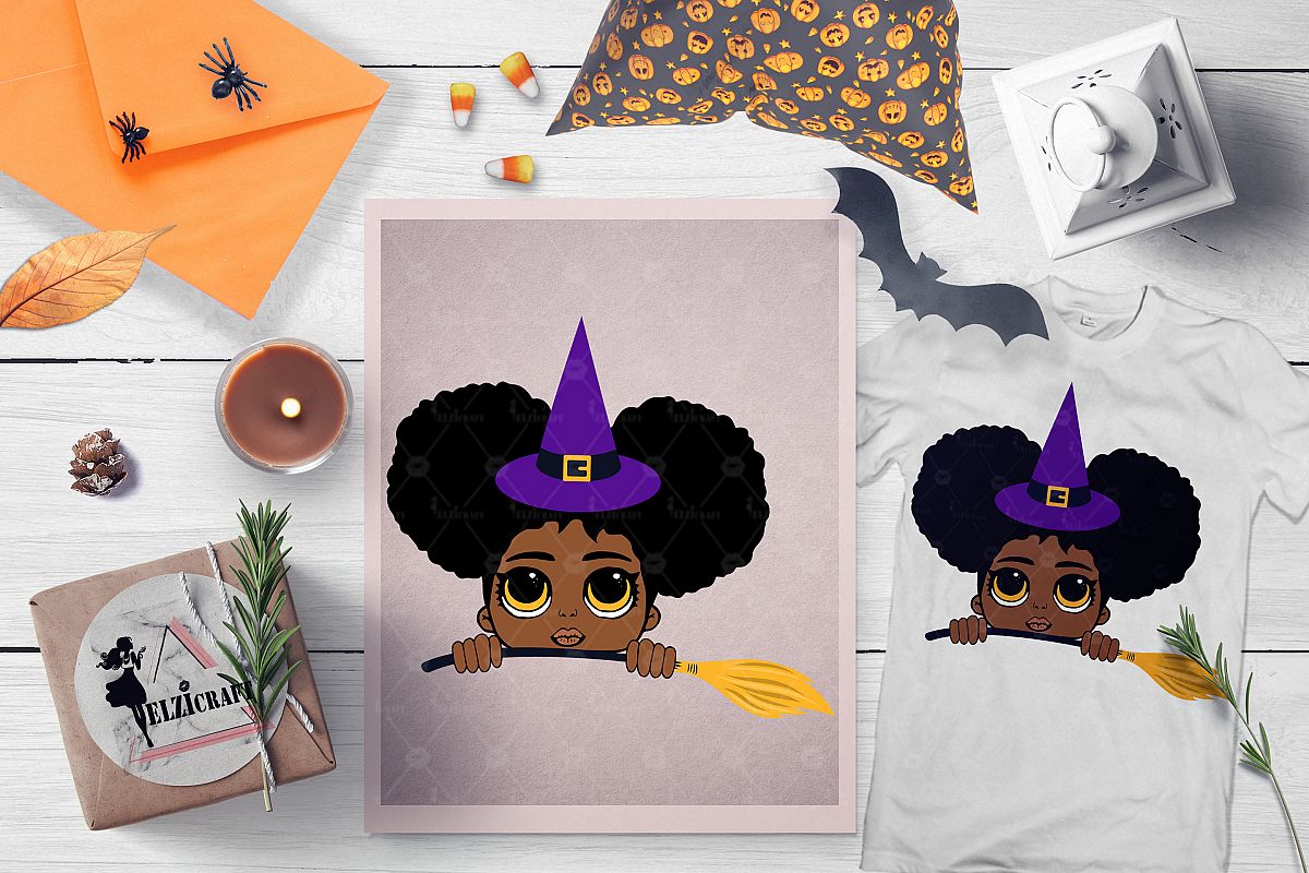 Halloween Peeking Witch Afro Girl Broom SVG Cut File example image 1