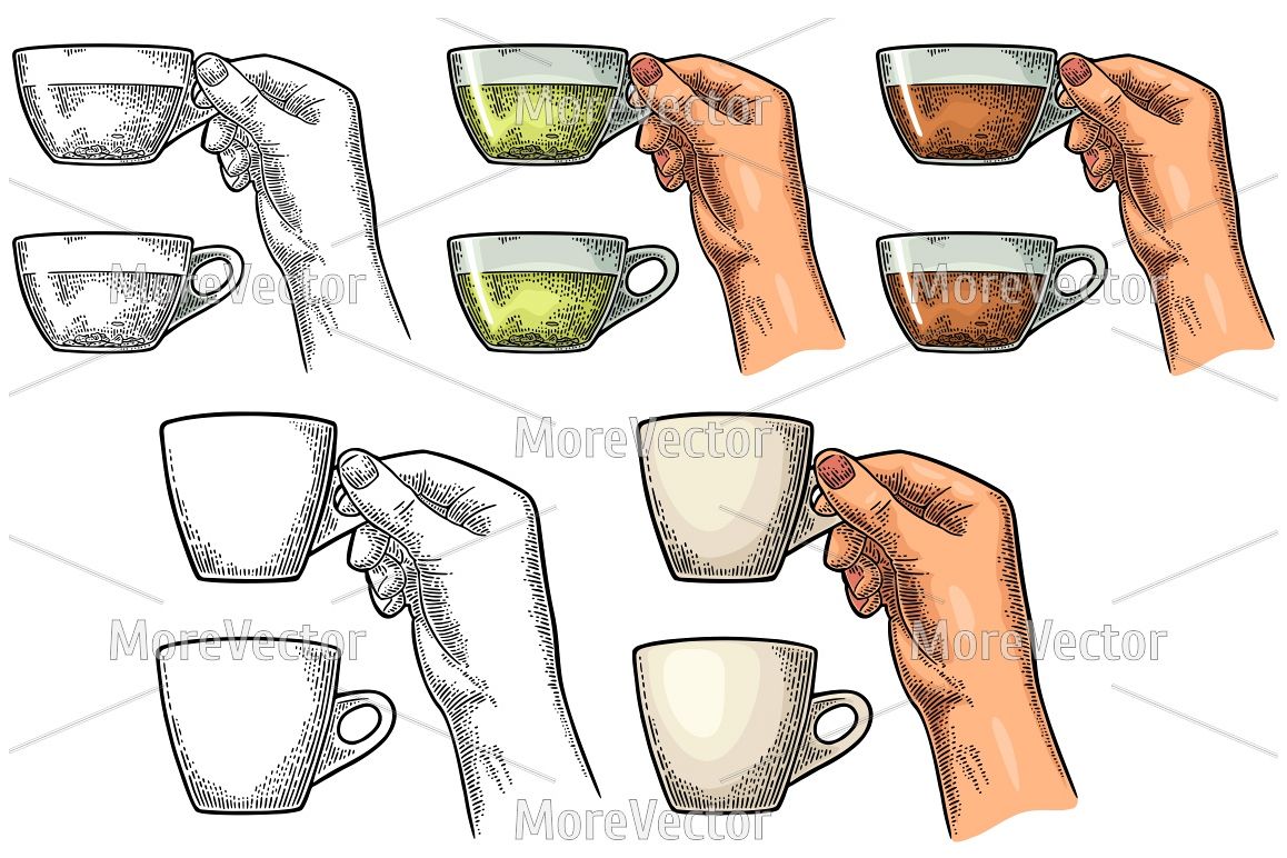 Female hand holding a glass cup of tea and coffee. Vintage engraving example image 1