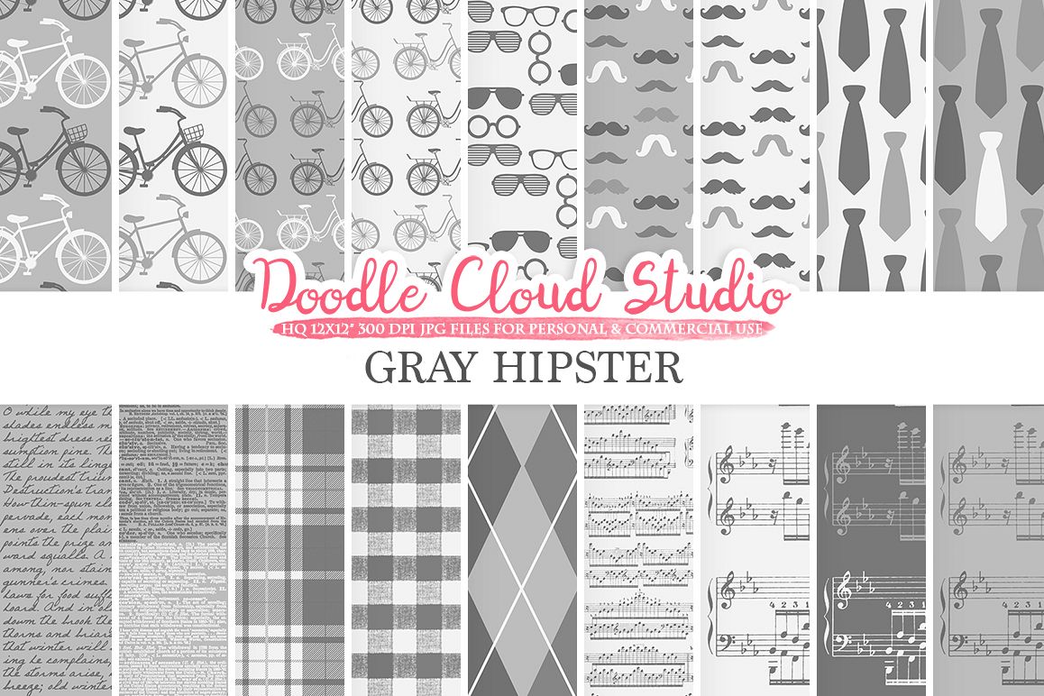 Grey Hipster digital paper, Vintage Father's day tie mustaches bikes music glasses plaid pattern Instant Download Personal & Commercial Use example image 1