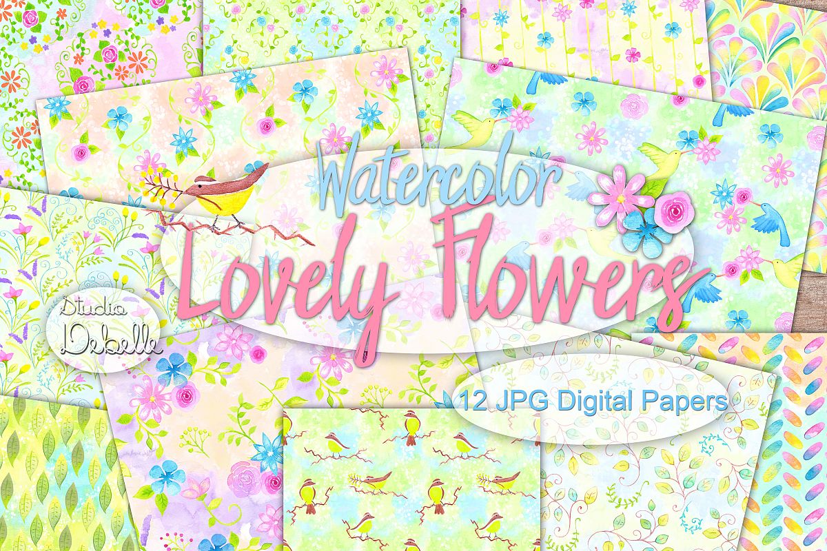 Watercolor Lovely Flowers - digital papers seamless patterns example image 1