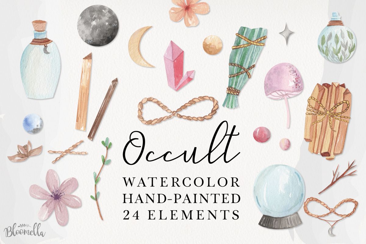 Occult Magic Watercolor 24 Elements Flowers Purple Spells example image 1