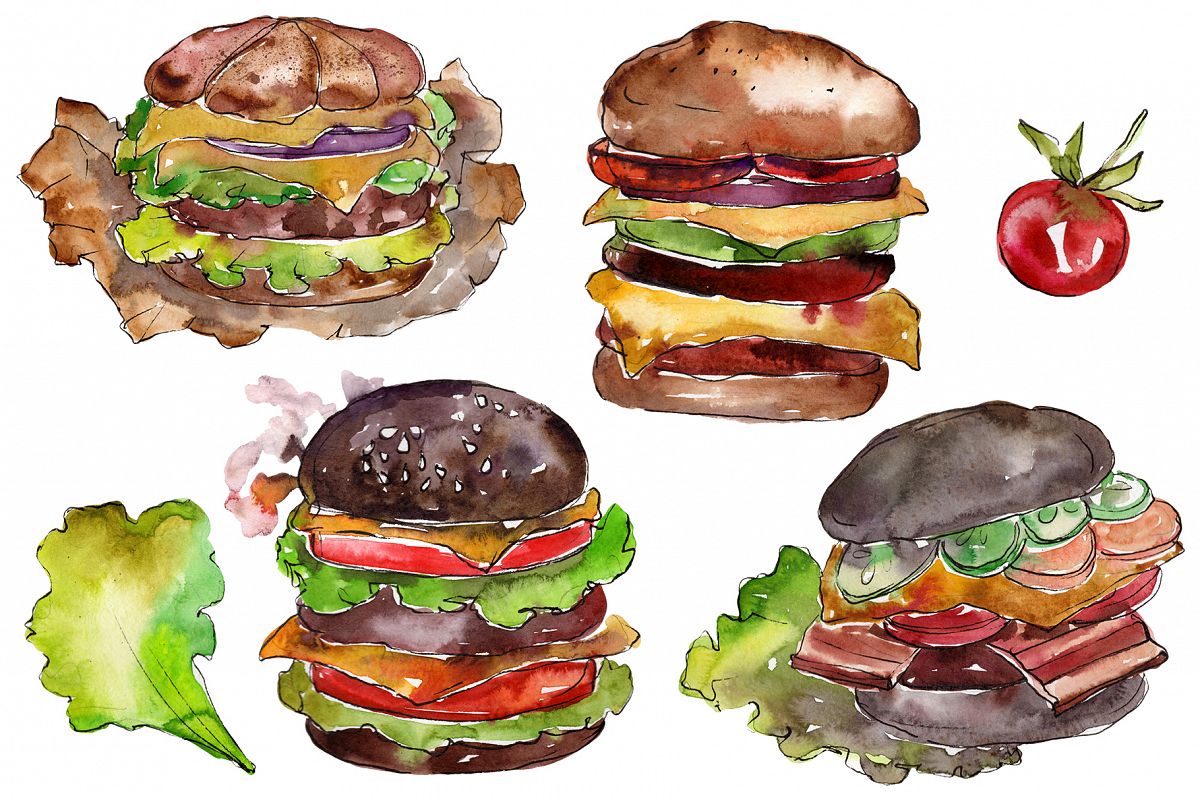 Hamburger black crunchy Watercolor png example image 1