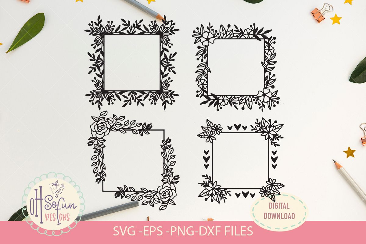 4 flower square frame, SVG, flower border, wedding frame example image 1