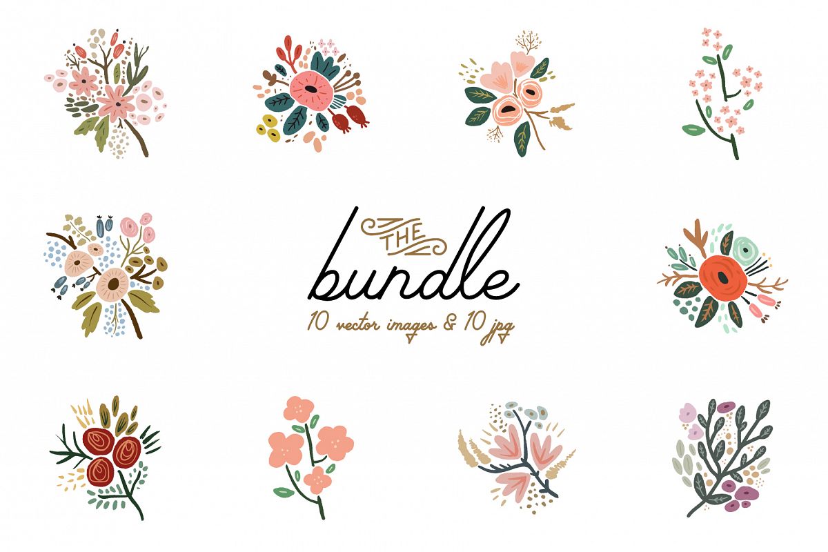 Hand drawn flowers, wedding bouquets, vector clip art example image 1