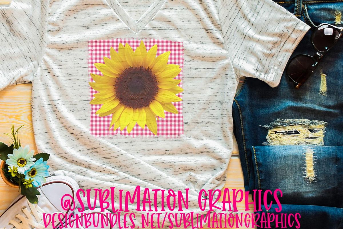 Pink Gingham Sunflower Sublimation PNG example image 1