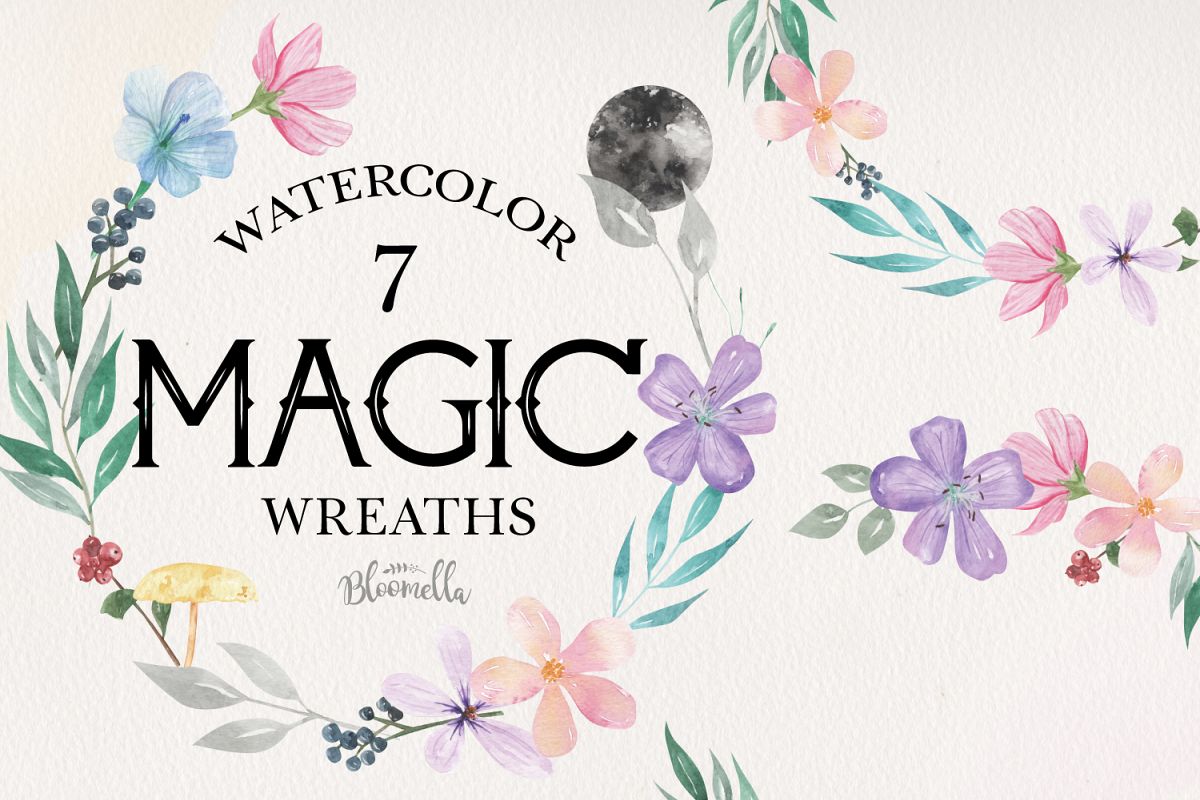 Magic Flowers Leaf Floral 7 Wreath Watercolor Flower Moon example image 1