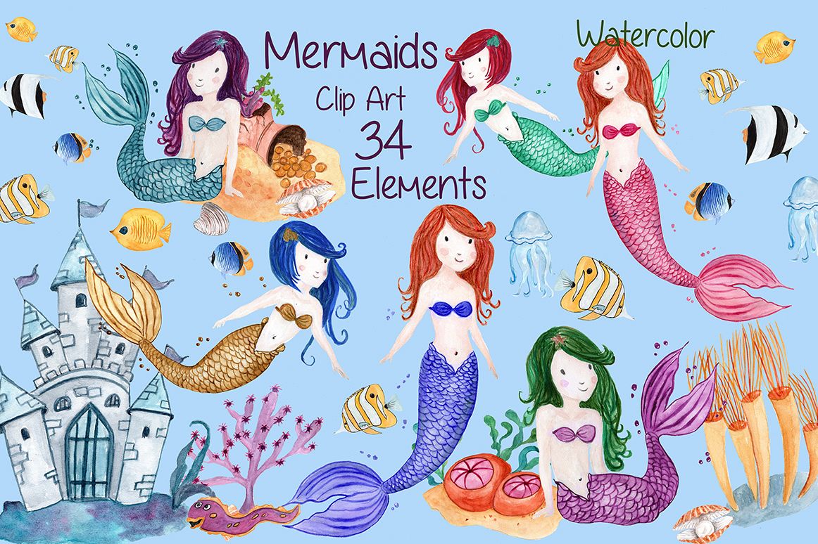 Download Watercolor Mermaids Clip Art